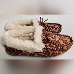 J.Crew Leopard Print Faux Fur Lined Moccasin Slippers Womens Size 9 NWOT